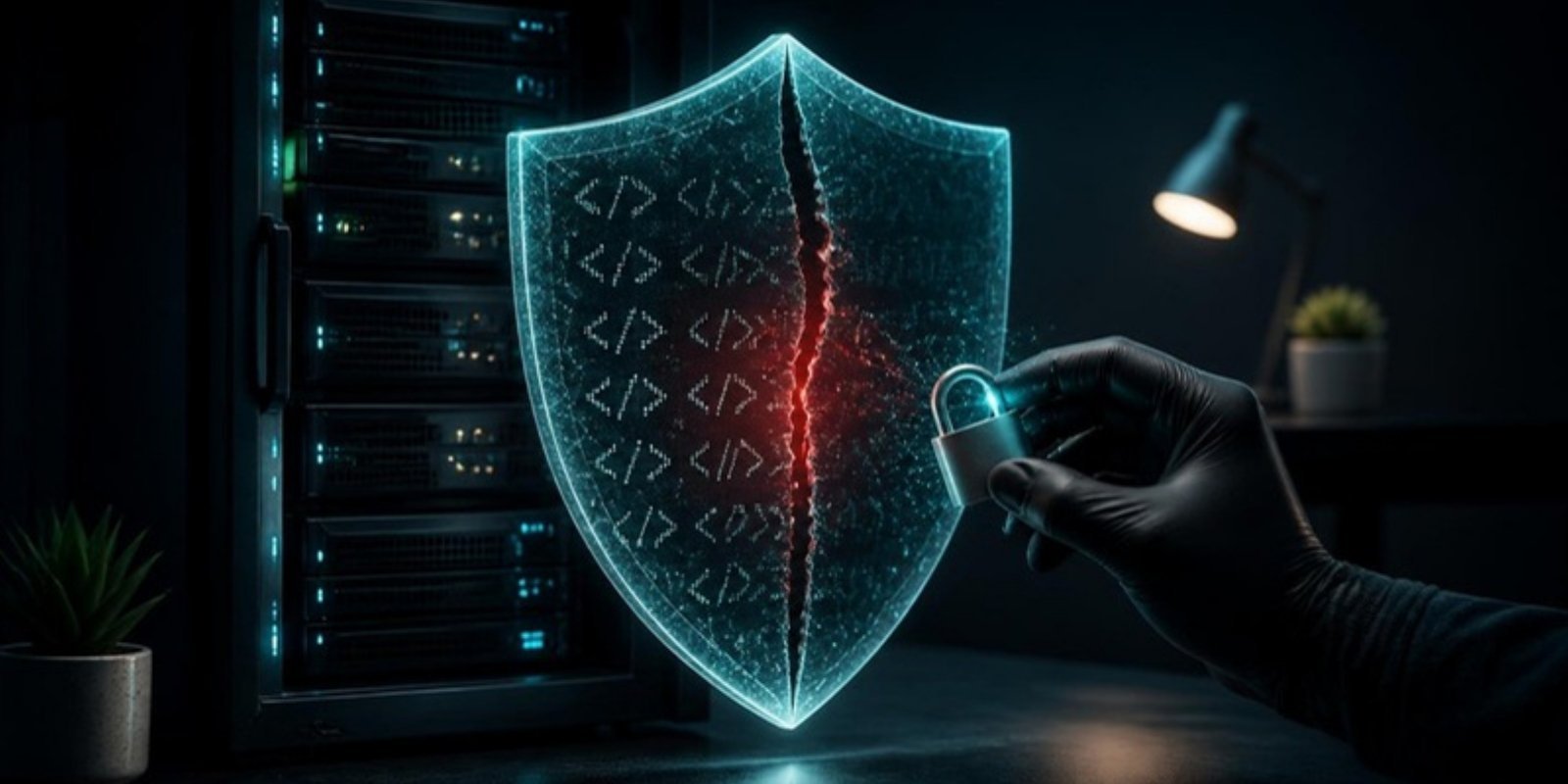 Escudo de código PHP agrietado frente a un servidor: vulnerabilidad crítica php2shell en WordPress